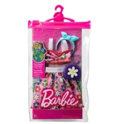 Barbie-nuken kukkahame, -toppi, laukku ja rusettipanta pakkauksessa