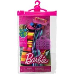 Barbie-nuken raidallinen mekko, laukku ja aurinkolasit pakkauksessa