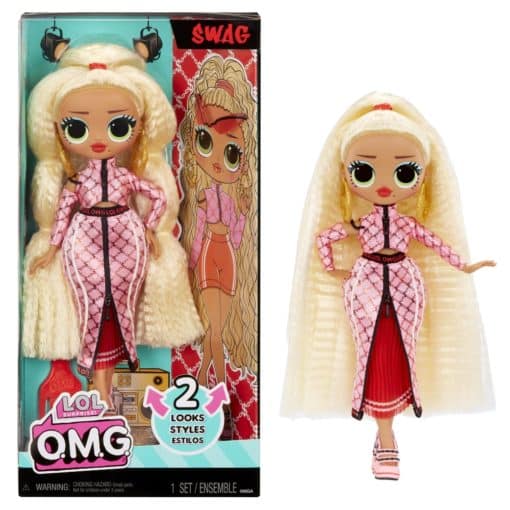 nukke, jolla on pitkät, vaaleat hiukset, vaaleanpunainen takki ja hame