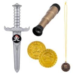 merirosvon tarvikkeet (miekka, kaukoputki, amuletti ja kaksi kolikkoa)
