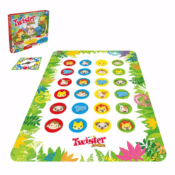 Kaksi peliä yhdessä. Junior Plus Twisterissä on värikäs kaksipuolinen eläinteemainen pelimatto ja spinneri.